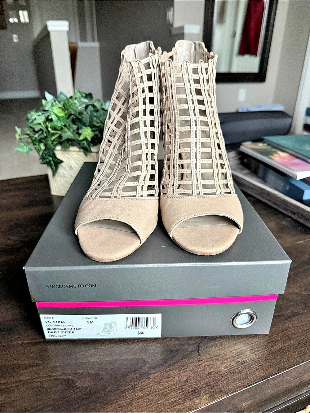 Vince Camuto VC-Atina Caged Bootie Peep Toe Heels Beige US 9M
